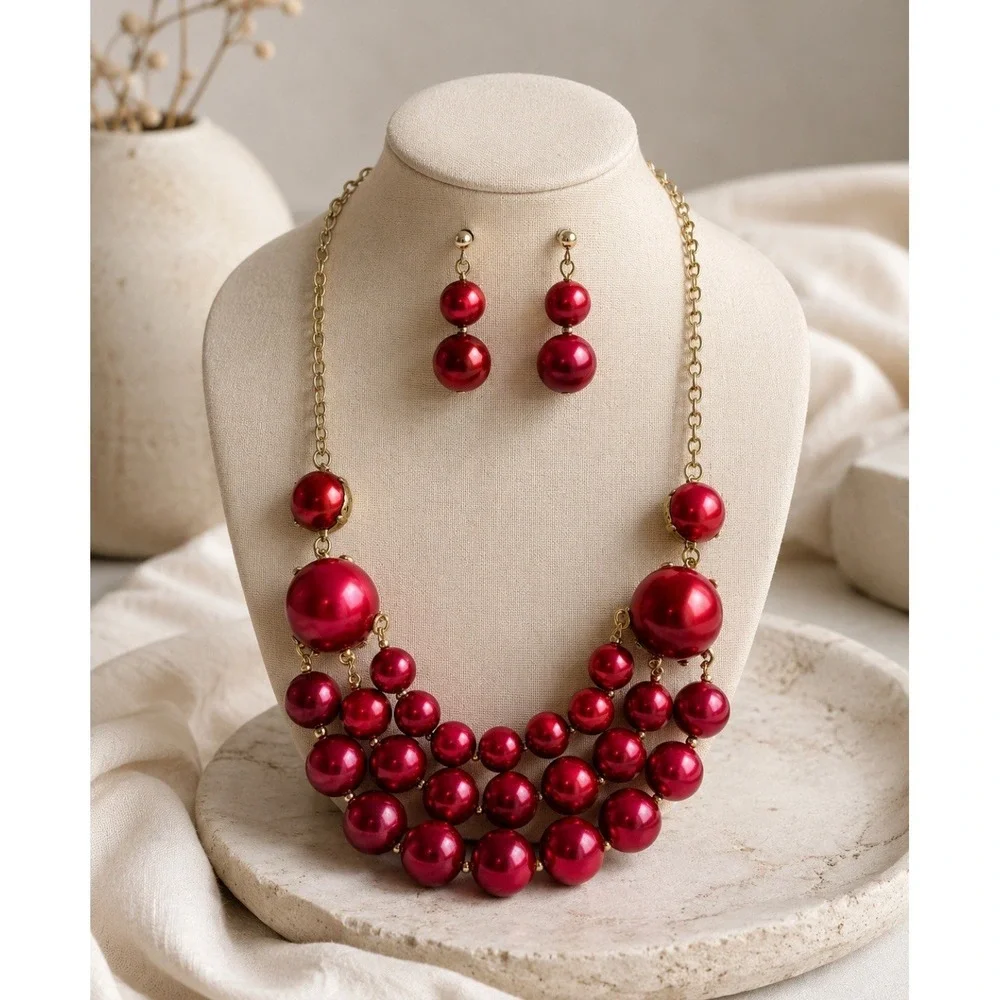 Red Bubble Statement Necklace Earrings Set Bib Multi Strand Chunky Bead Fashion